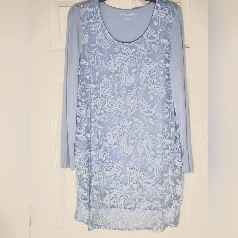 Soft Surroundings M Adele 100% SILK  LngSleve Baby Blue Lined Women's Top Tunic